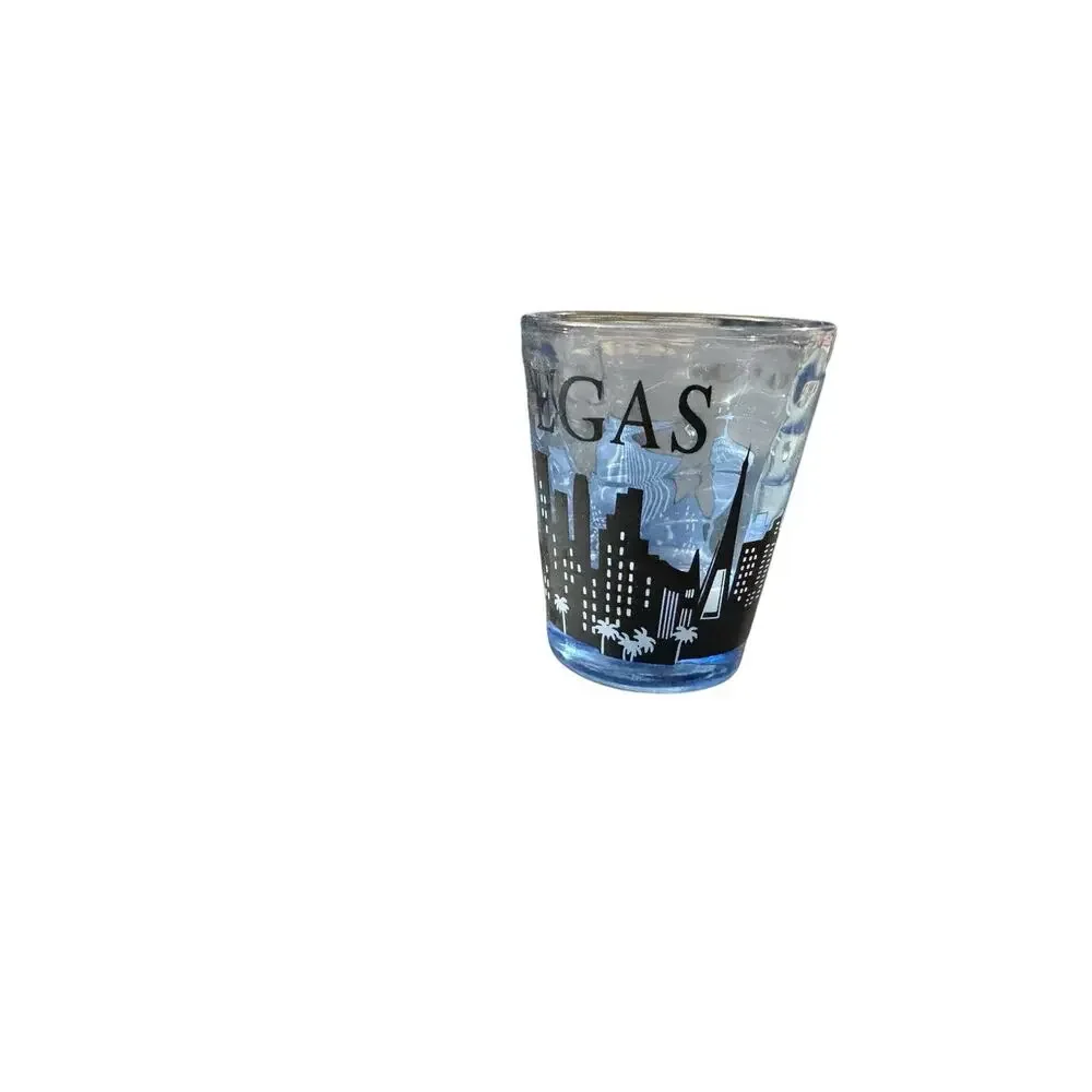 LAS VEGAS Black Skyline Blue Swirl Glass Shot Glass Souvenir 2.5”
